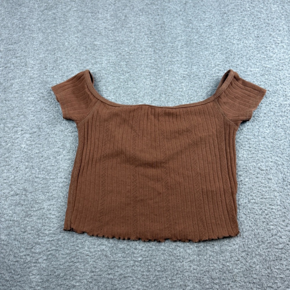 Aeropostale‎ Crop Top Women's Medium Brown Pointelle Rib Knit Short Sleeve Scoop